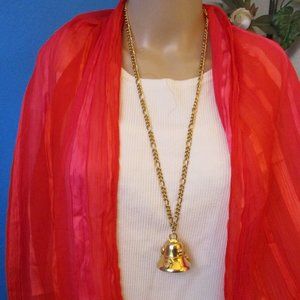 Vintage ANGEL CHERUB Gold Bell Pendant Necklace ~ Gold Plate Angel Bell Necklace
